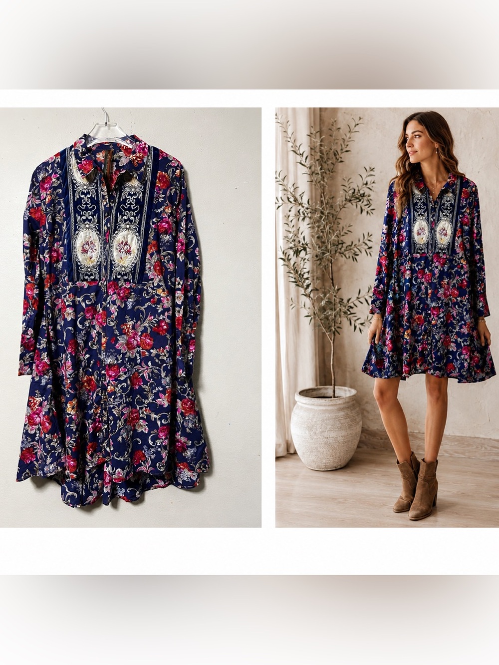 Aratta Midi Shirt Dress Silent Journey Multi Color Boho Embroidered Print Sz M